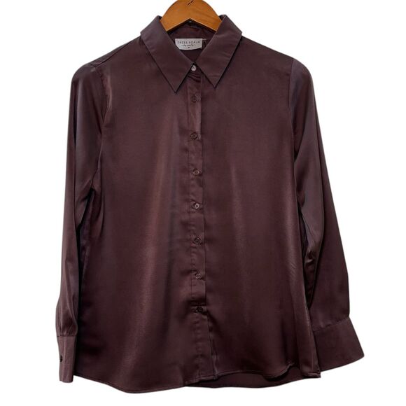 Dress Forum Button Down Blouse Dull Satin Slim Shirt Purple Brown Size Medium - Picture 2 of 7
